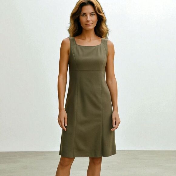 Vintage Talbots 100% Silk Olive Green Sleeveless Pleated Hem Sheath Dress 10 - Picture 1 of 10